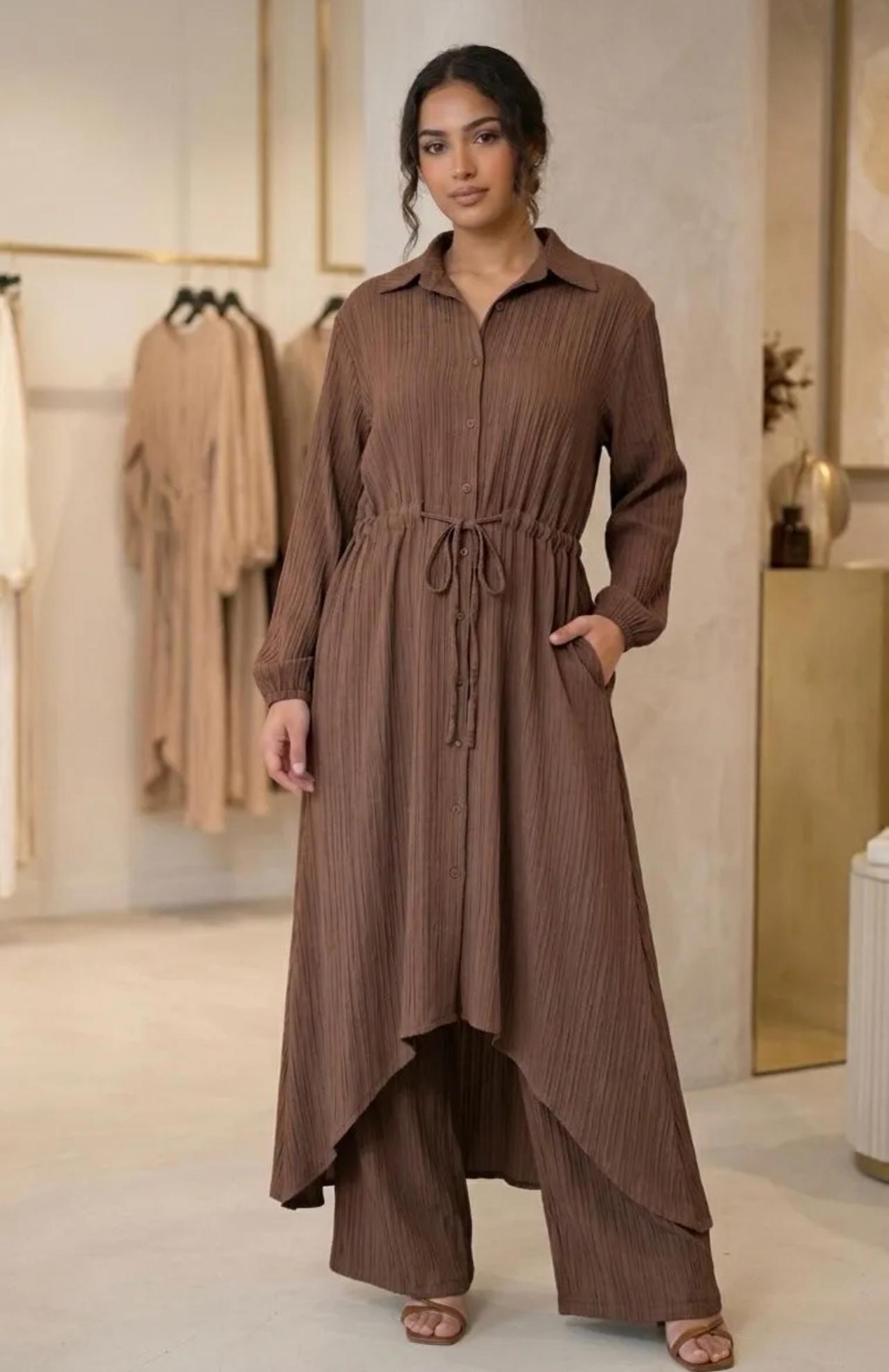 Ensemble 2pcs Robe A Bouton Ceinture Réglable avec Poches Pantalon Avec Poche